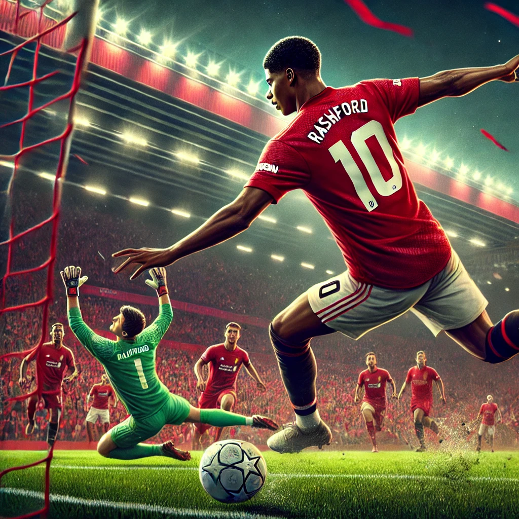 DALL·E 2024 08 30 10.47.33 An intense football scene where a Manchester United player resembling Marcus Rashford is scoring a goal against Liverpool. The player is wearing a r