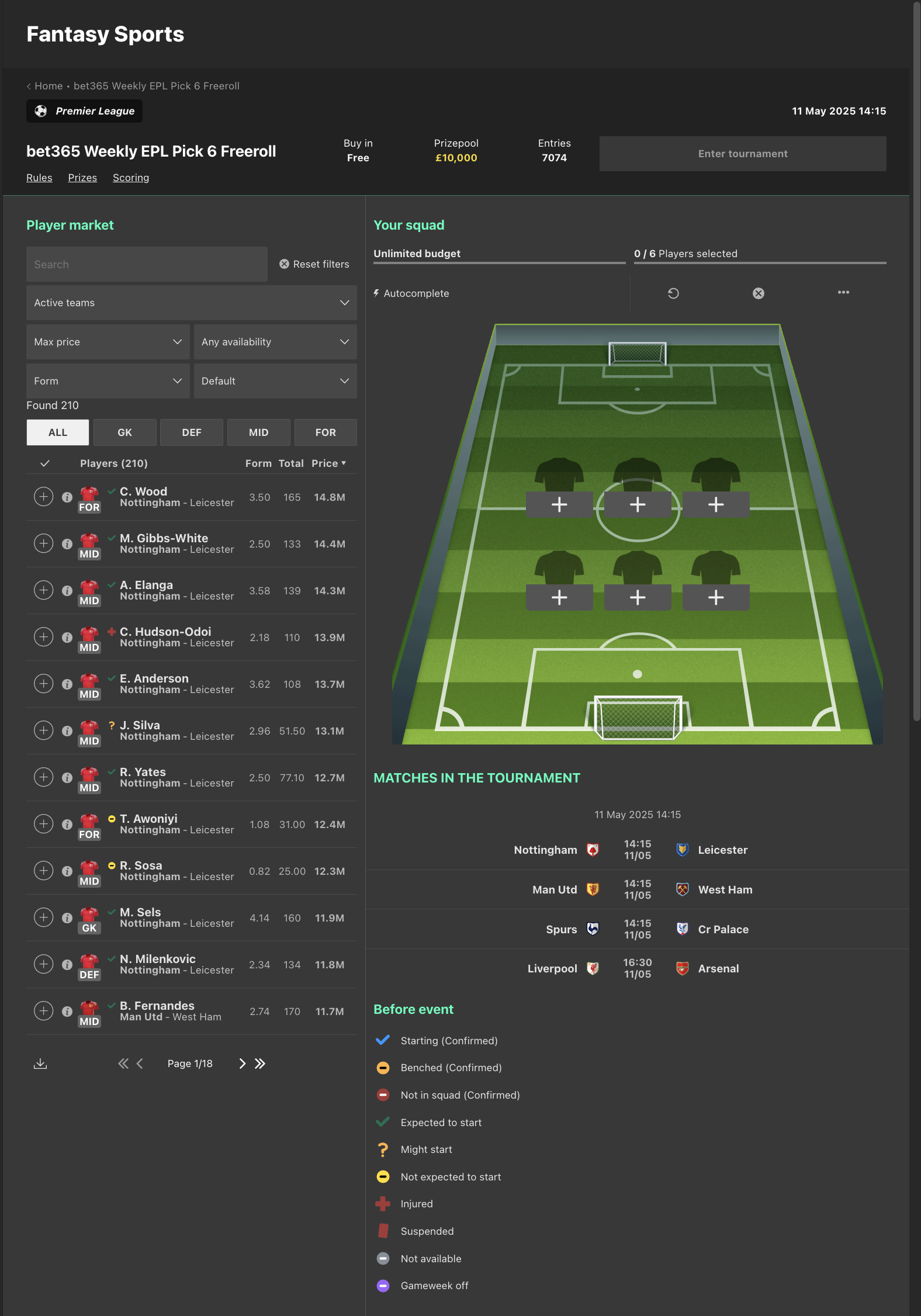 Pick 6 Weekly Freeroll bet365 Fantasy