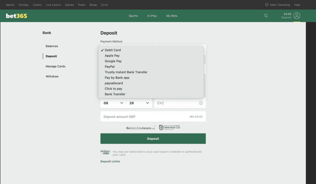 deposit at bet365