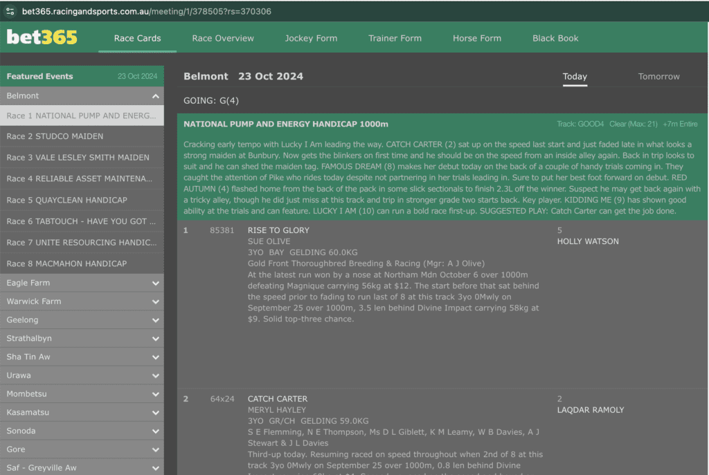 Bet365 Research Australian Horse Form