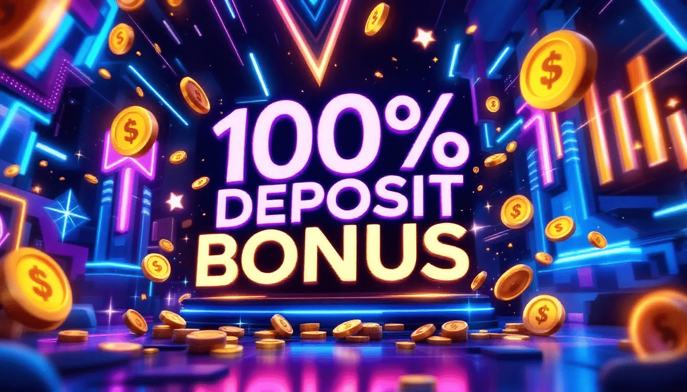 An illustration explaining the concept of a 100% deposit bonus in online gaming.