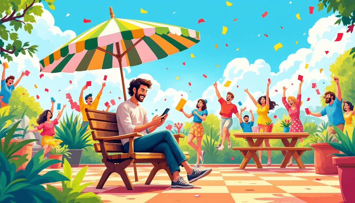 A person playing bingo on a mobile device while relaxing outdoors, emphasizing mobile gaming convenience.
