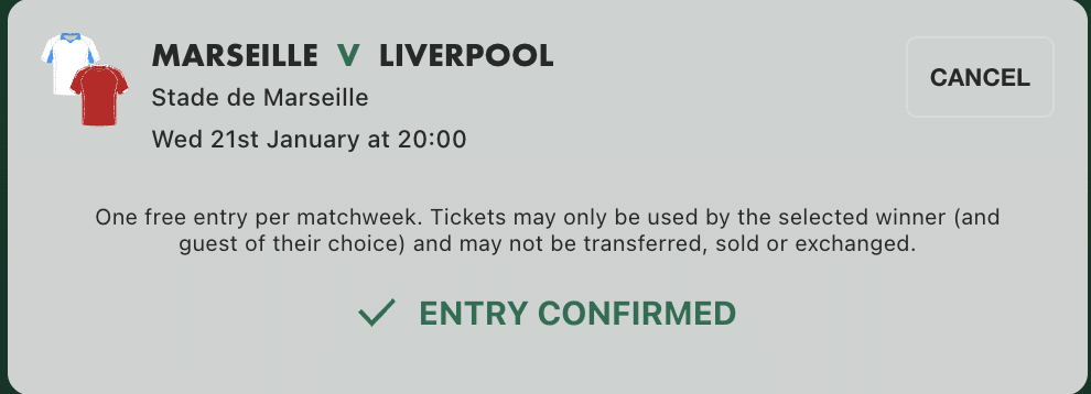 Marseille v Liverpool Champions League Big Ticket Giveaway