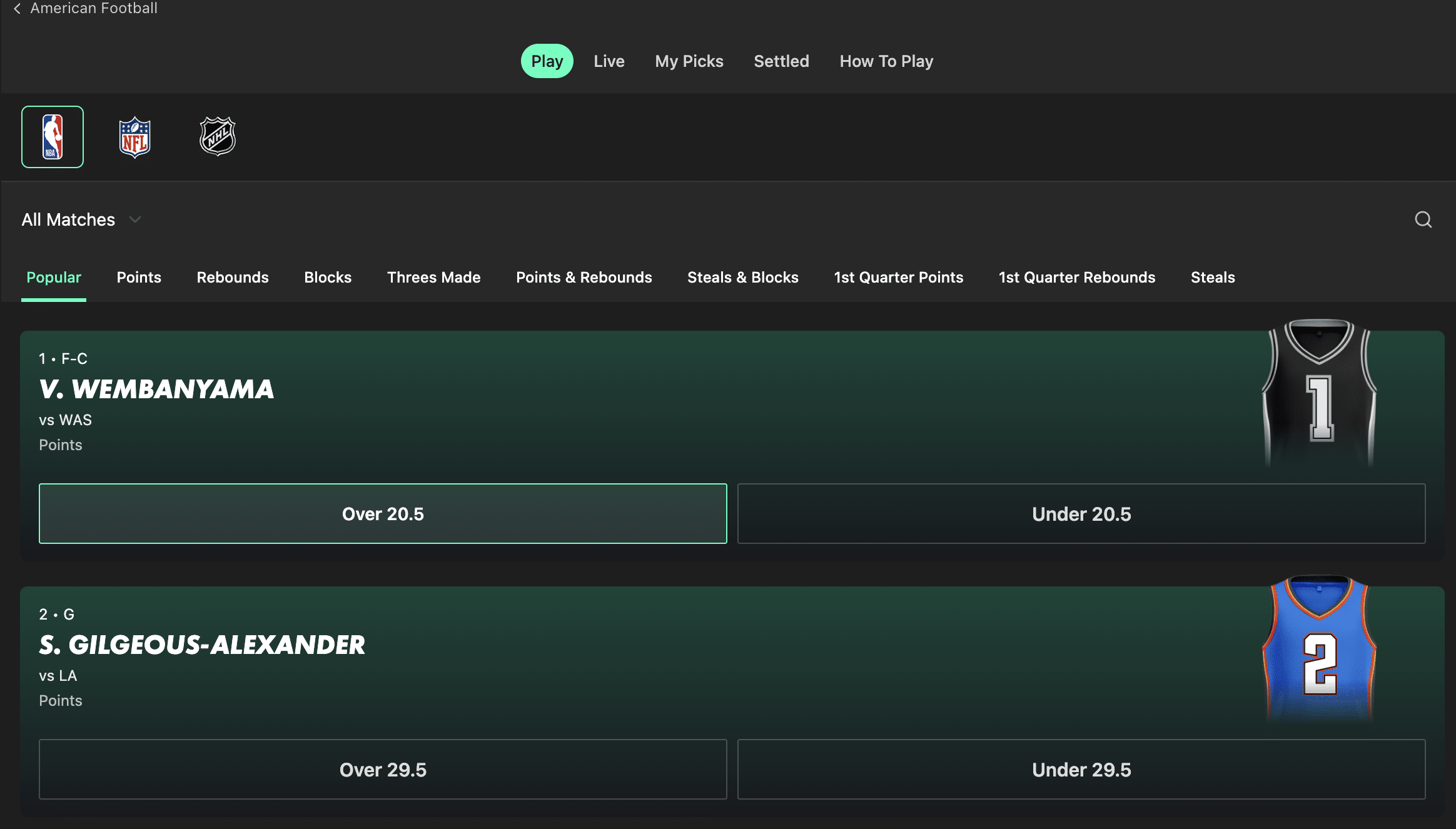 NBA player stats and betting options display