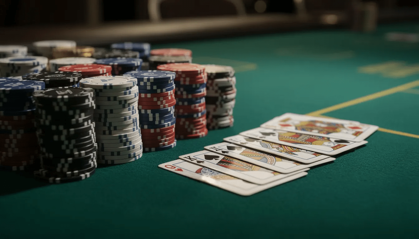 The image shows a vibrant green felt poker table with a stack of colorful poker chips positioned next to a set of playing cards, illustrating the exciting atmosphere of an Omaha poker game. The arrangement highlights the key elements of the game, including the hole cards and the potential for big pots during betting rounds.