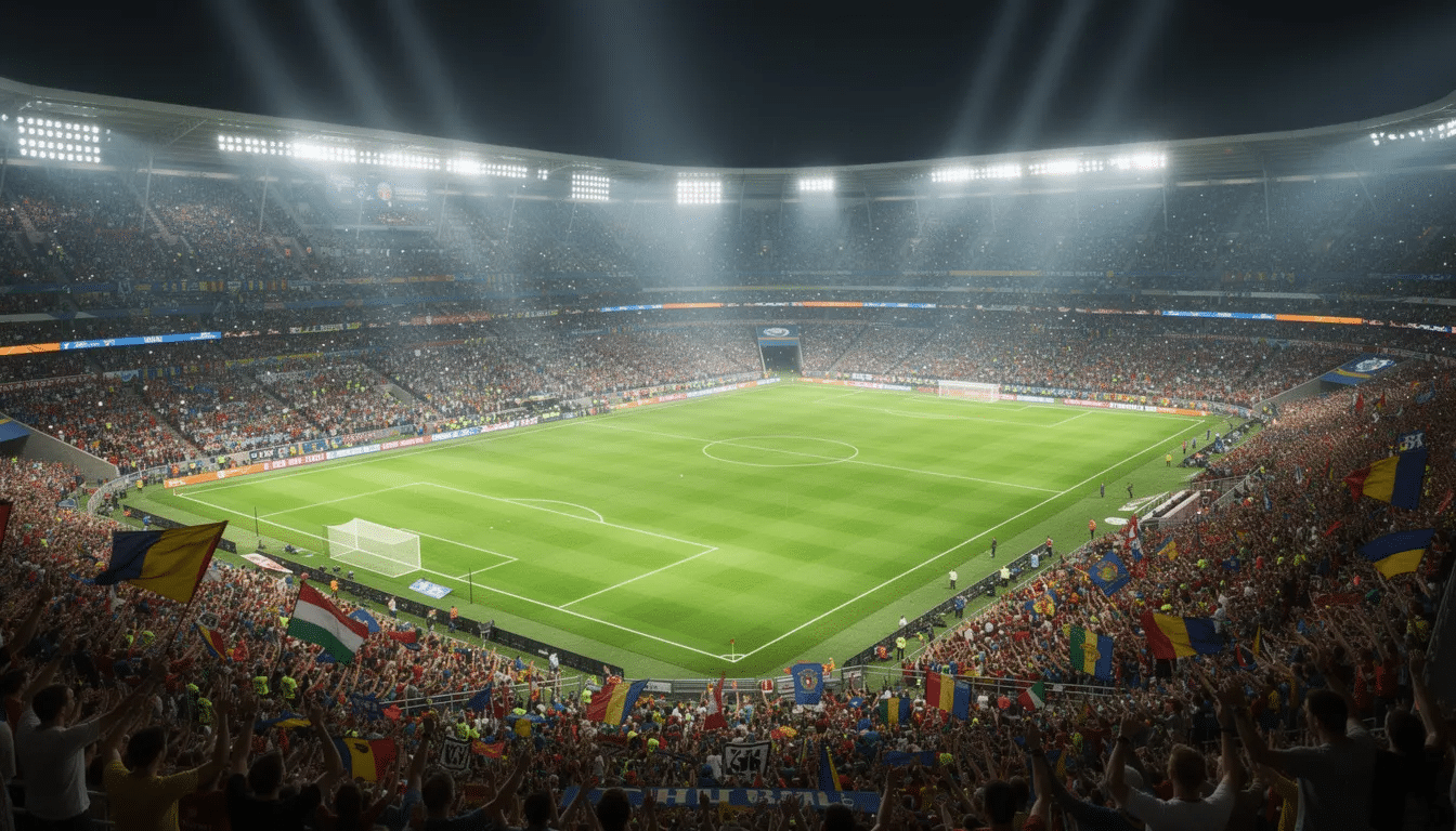 A vibrant football stadium is filled with cheering fans under bright floodlights, illuminating the lush green pitch during a night match. The atmosphere is electric, showcasing the excitement of sports betting as spectators eagerly anticipate the game.
