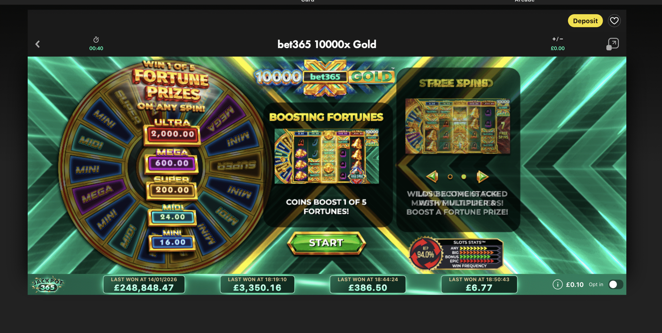 bet365 10000x Gold slot game interface