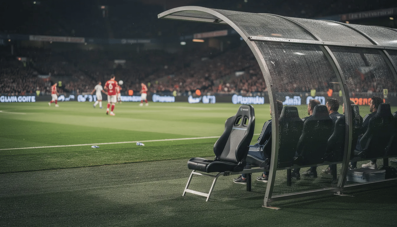 The image shows an empty football dugout with a vacant manager's seat during a match, highlighting the absence of the head coach amidst the excitement of the game. This scene evokes thoughts about the current Manchester United manager odds and the potential candidates for the next permanent Manchester United manager.