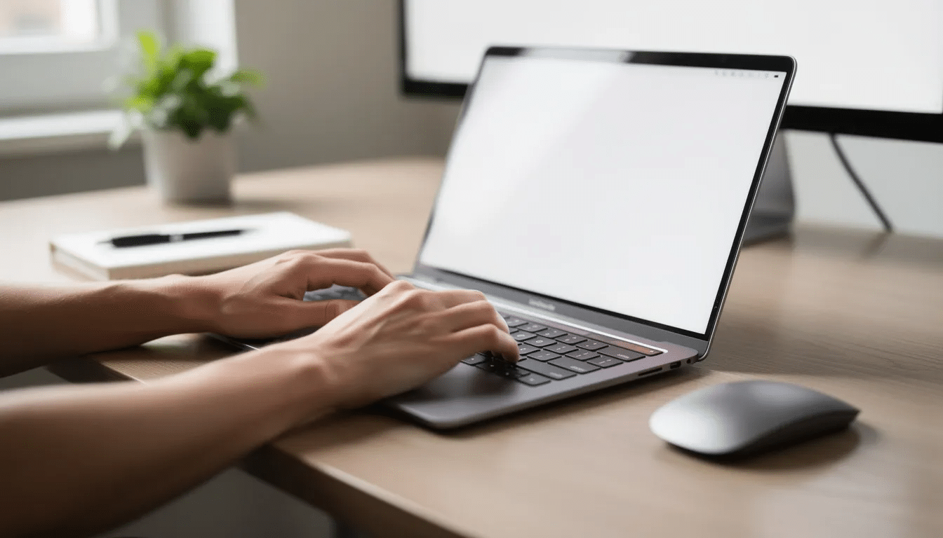 The image shows hands typing on a laptop keyboard, set against a modern desk with minimalistic design elements, creating an inviting workspace for online activities like sports betting. This setup is ideal for bettors looking to place qualifying bets or manage their bet365 account efficiently.