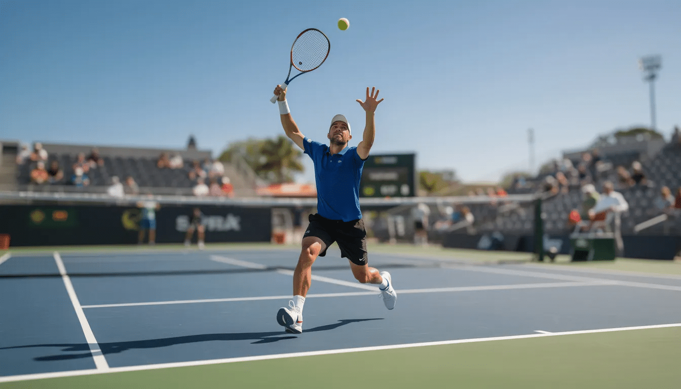 A professional tennis player is captured mid-serve during a daytime match on an outdoor court, showcasing the intensity of sporting action. The image emphasizes the dynamic atmosphere of competitive sports, perfect for those interested in live betting and following major leagues.