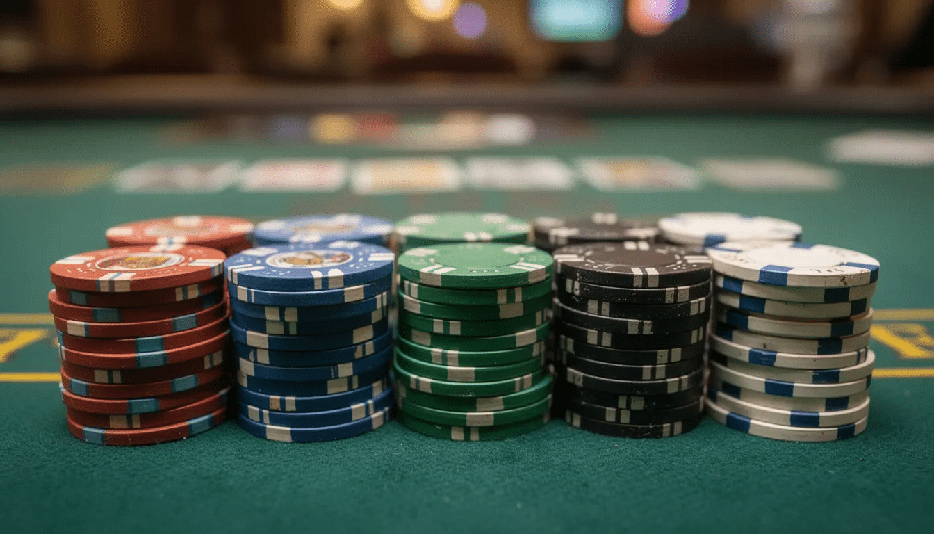 The image features neatly organized stacks of poker chips on a table, creating a vibrant display ideal for a game of Texas hold'em. This setup reflects the excitement of real money gambling, inviting players to engage in tournaments and enjoy the thrill of the game.