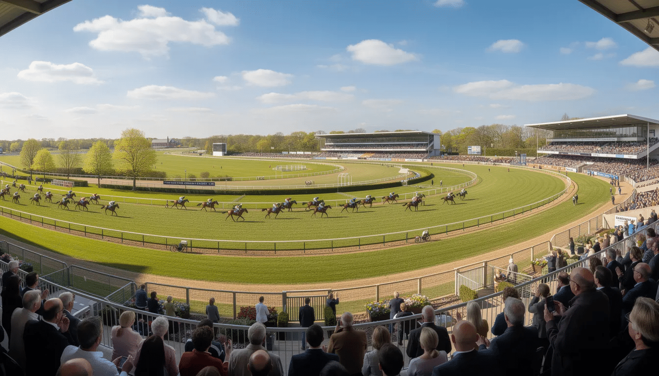 A wide panoramic view of Aintree racecourse on a sunny spring afternoon, showcasing the vibrant green track surrounded by spectators eagerly anticipating the grand national horse racing event. The scene captures the excitement and spirit of the day, with various horse racing odds displayed prominently for betting enthusiasts.