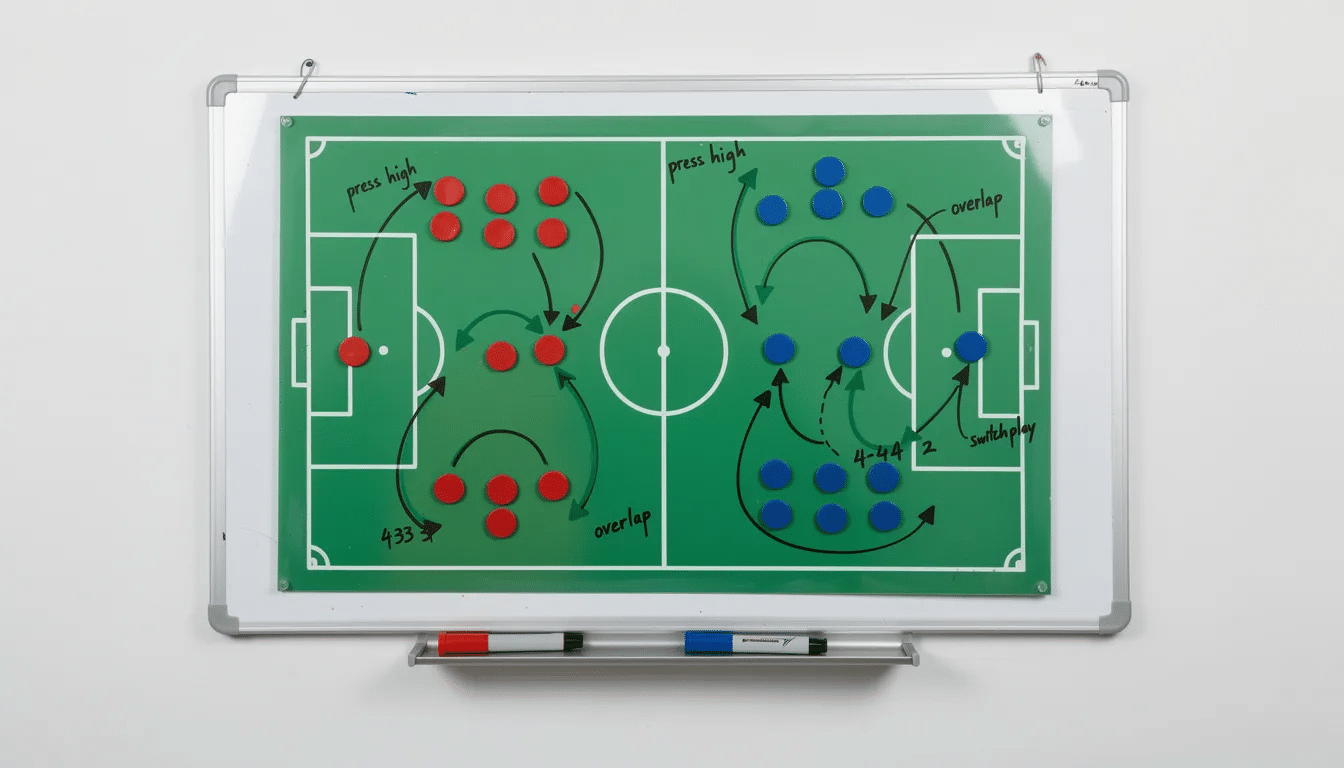 The image features a football tactics board displaying various formation diagrams, illustrating strategic plays that a head coach might use during a match. This type of board is essential for teams like Manchester United in the Premier League, as it helps visualize tactics for upcoming games, including important fixtures like the UEFA Europa League final.