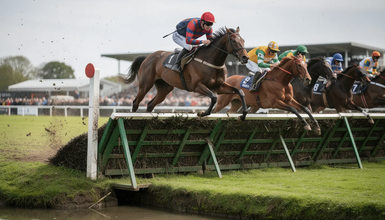 A group of horses is leaping over a large steeplechase fence during an intense race, showcasing their agility and speed. The scene captures the excitement of horse racing, reminiscent of events like the Grand National, where spectators eagerly follow the odds and place their bets.