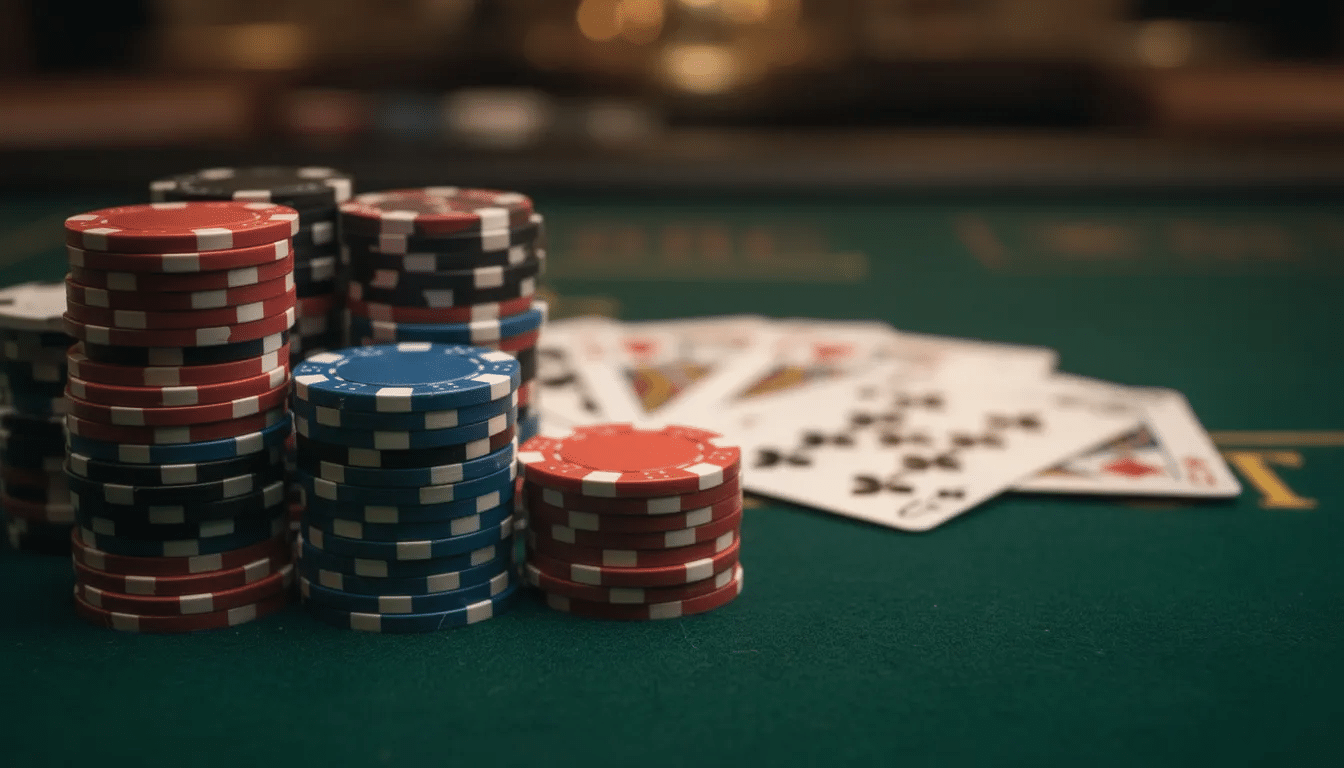 The image features a stack of colorful poker chips arranged neatly on a green felt table alongside a set of playing cards, creating a classic poker scene. This visual captures the essence of real money gambling, inviting players to engage in games like Texas Hold'em on platforms such as bet365.