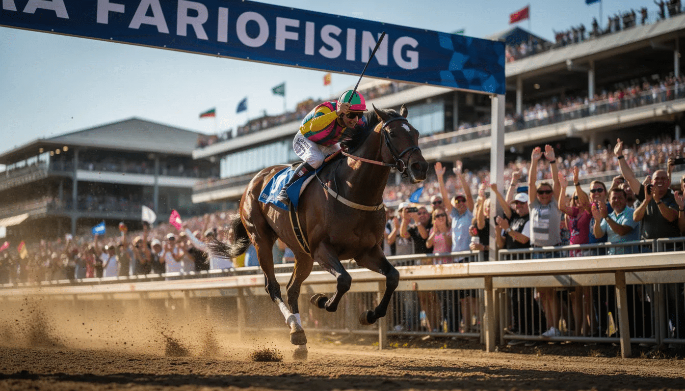 A horse and jockey are triumphantly crossing the finish line, with a lively crowd cheering in the background, celebrating the excitement of the race. This thrilling moment captures the spirit of horse racing, reminiscent of events like the Grand National, where fans eagerly follow the odds and place their bets.