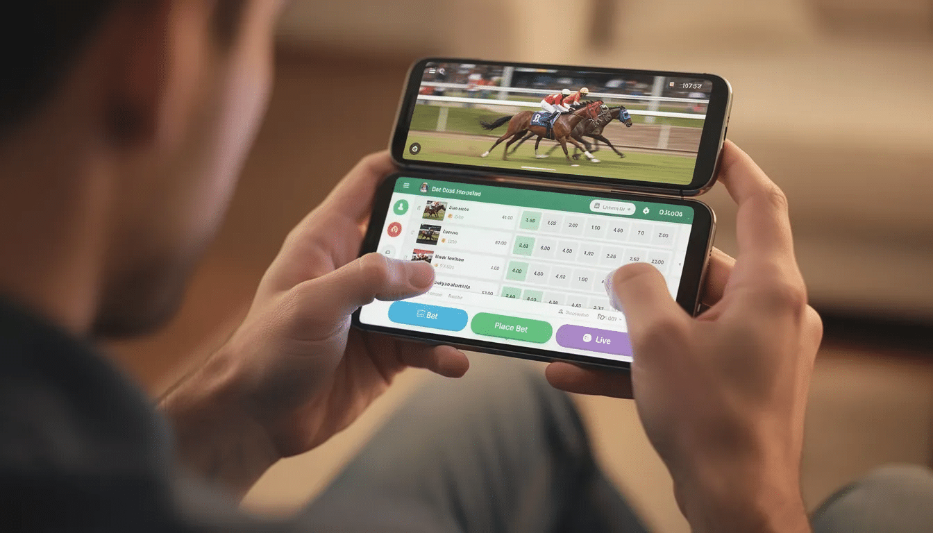 A person is intently watching horse racing on their smartphone, with a betting app open that displays horse racing odds and options for placing bets. The screen shows various race details, including selected runners and promotions for new customers.