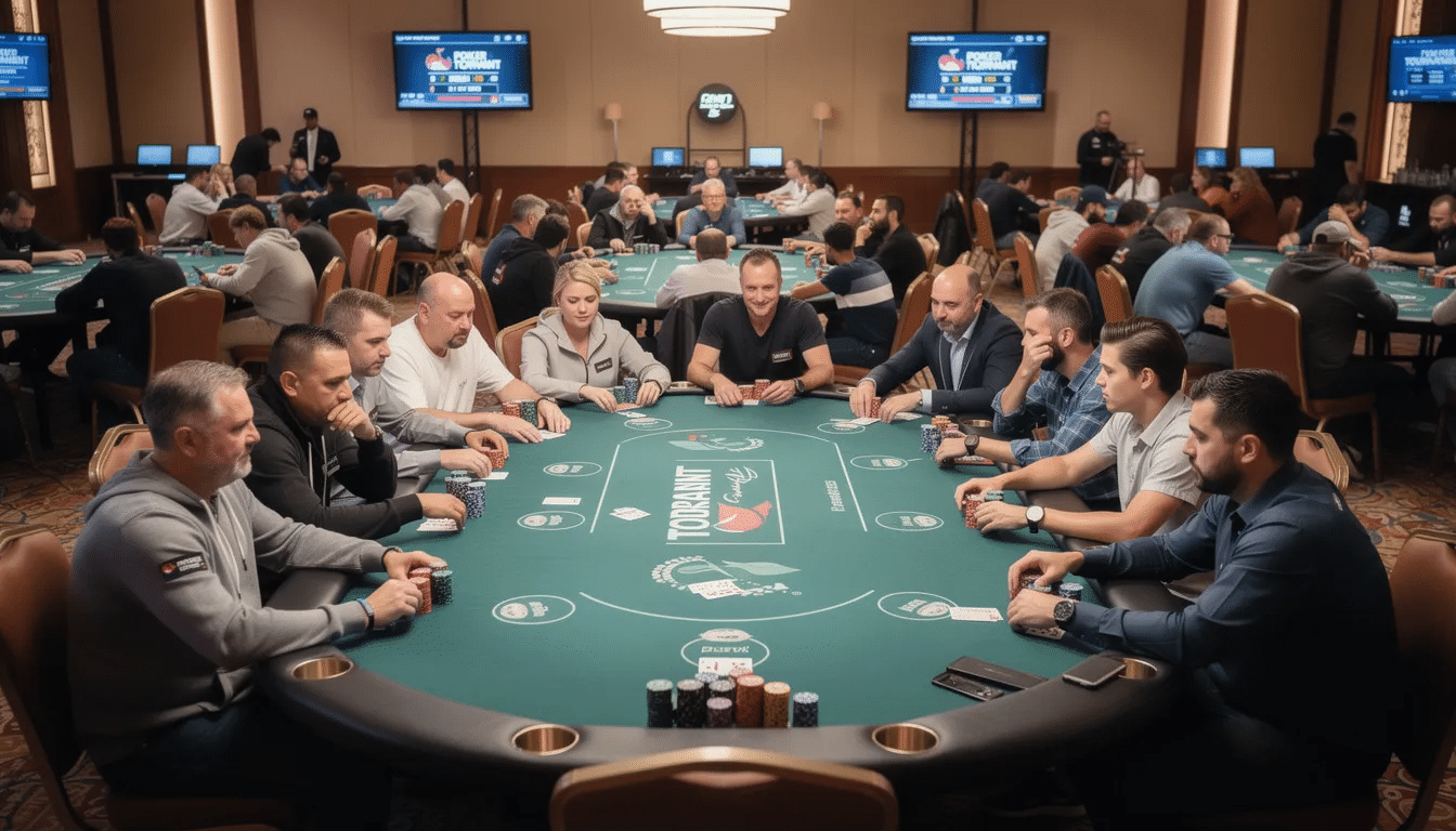 The image depicts a lively poker tournament scene with multiple players seated at various tables, engaging in a game of Texas hold'em. The atmosphere is competitive, showcasing players focused on their hands and strategies, with the bet365 logo visible in the background, highlighting the real money gambling app experience.