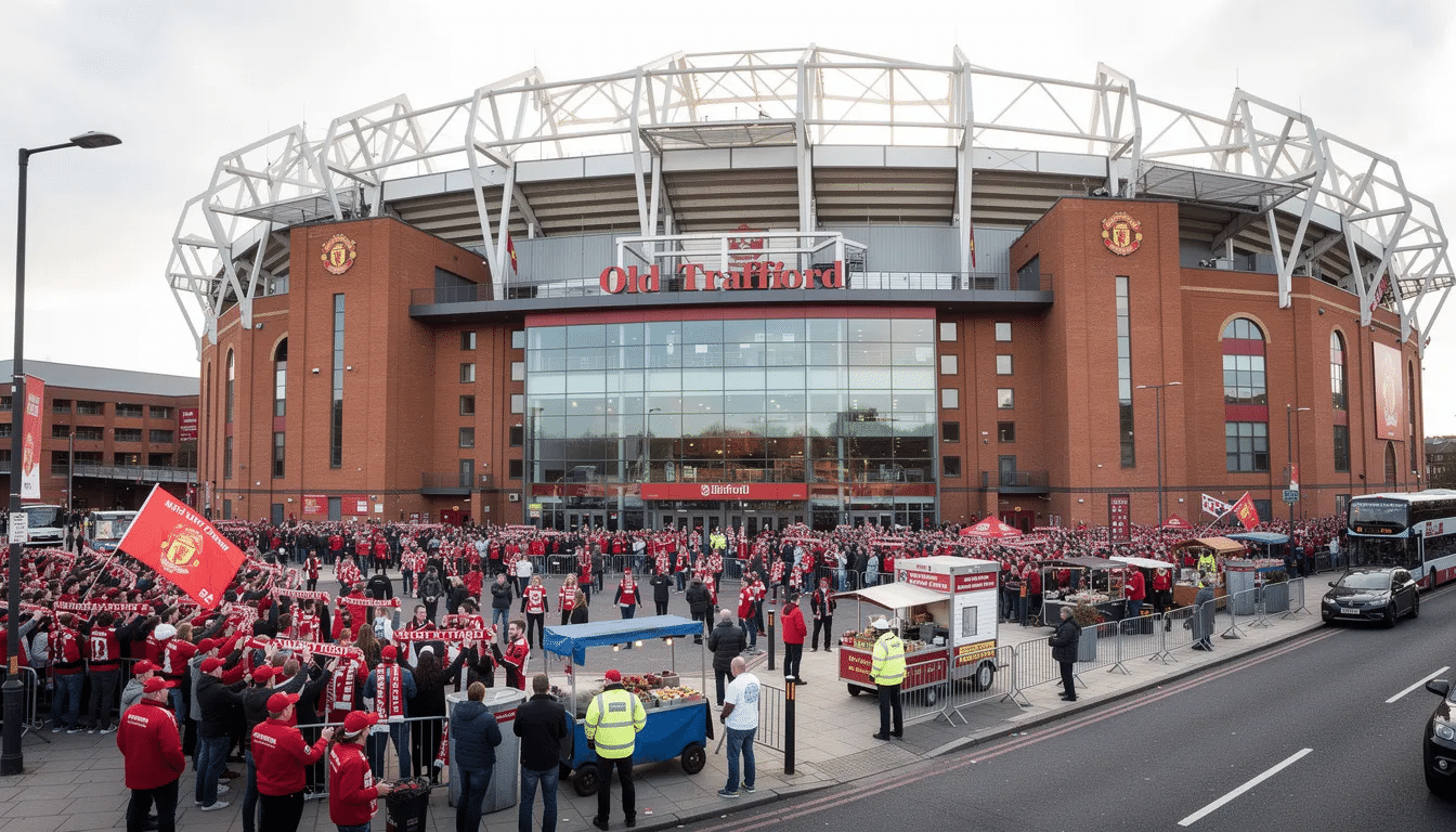 The image shows the exterior of Old Trafford football stadium on a bustling match day, with enthusiastic fans wearing Manchester United jerseys gathering outside. The iconic stadium, known as the home of the Red Devils, is filled with energy as supporters eagerly anticipate the game in the Premier League.