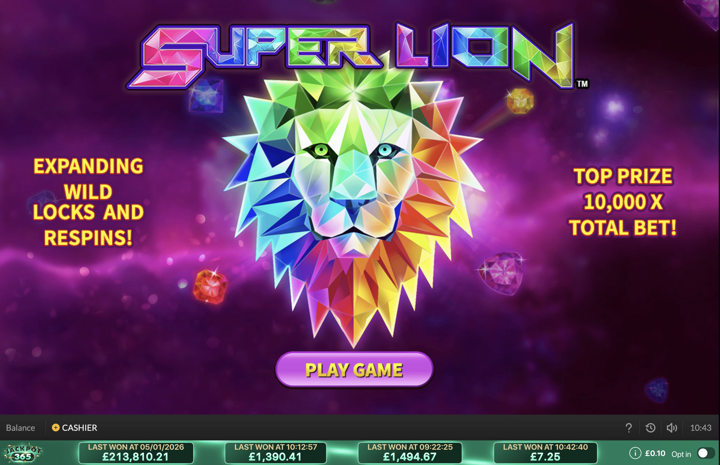 Super Lion slot game with colorful crystal lion
