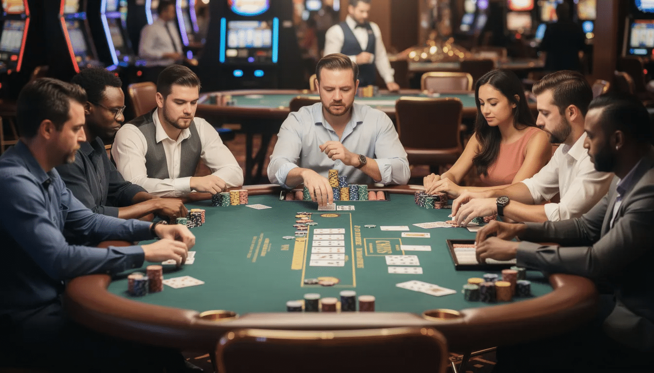 The image depicts a lively scene of players engaged in an exciting poker game around a casino table, with cards and chips scattered as they strategize their moves. The players, each holding their four hole cards, are immersed in the action of the pot limit game, showcasing the dynamic atmosphere typical of a pot limit Omaha poker session.