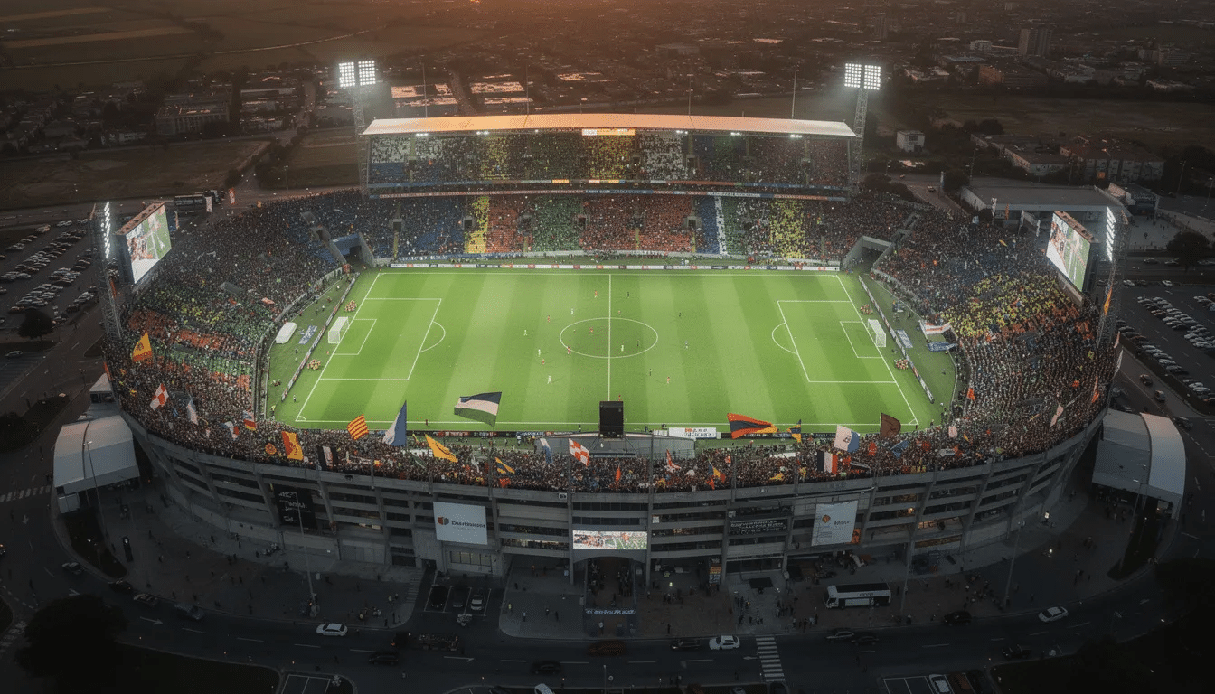 An aerial view captures a vibrant football stadium filled with enthusiastic fans during an exciting match, showcasing the energy of sports betting. The scene reflects the thrill of live sports, where spectators might be considering using a bet365 bonus code to enhance their betting experience.