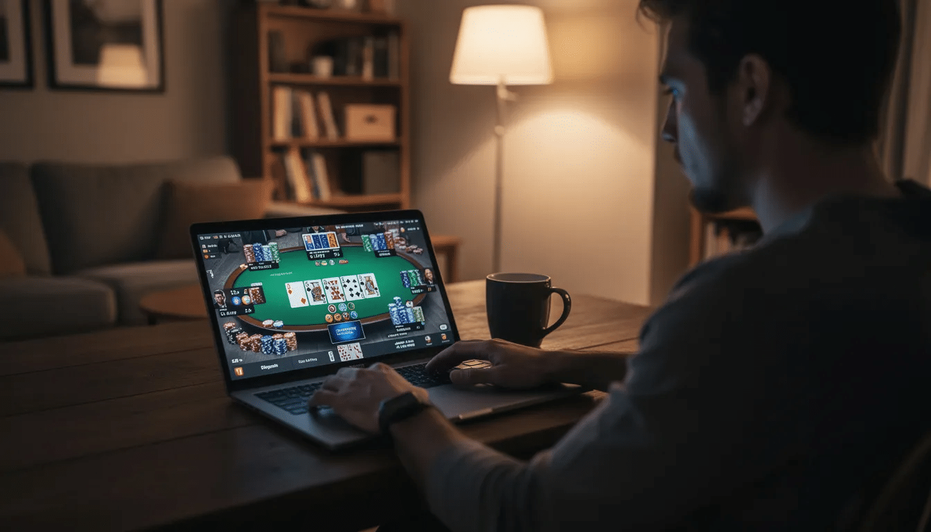 A person is sitting at home, focused on their laptop as they play an exciting game of pot limit Omaha poker, analyzing their four hole cards and the community cards to strategize their next move. The atmosphere is casual yet intense, reflecting the thrill of betting rounds and the anticipation of winning hands.