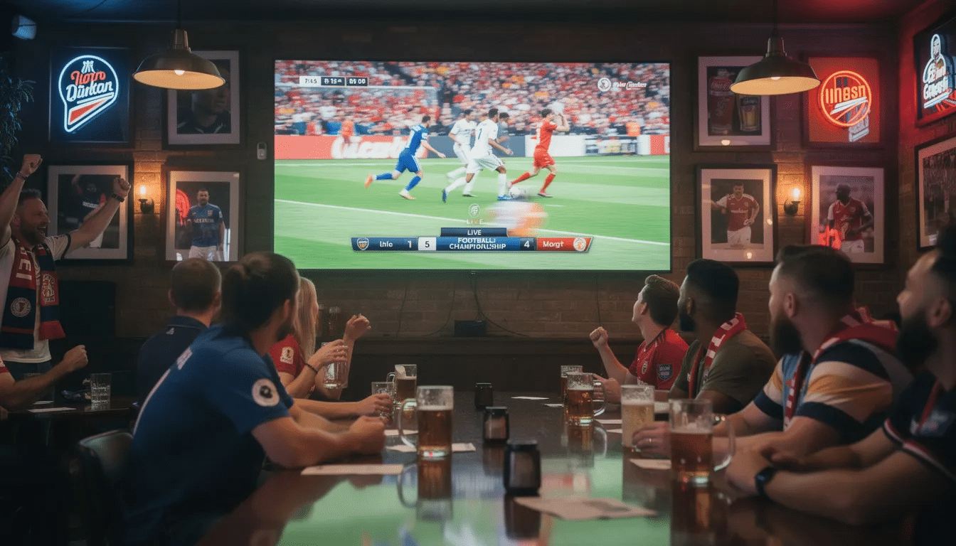 The image depicts a lively sports bar with a large television screen broadcasting a live football match, surrounded by enthusiastic patrons. The atmosphere is charged with excitement as viewers engage in live betting on various sports, including major soccer leagues like the UEFA Champions League, while enjoying competitive odds and a user-friendly betting app.