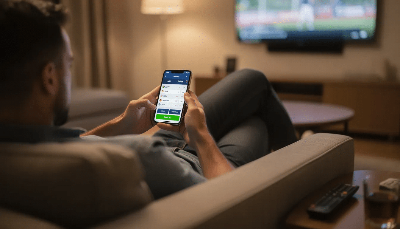A person is sitting comfortably on a sofa, using a smartphone to browse a sports betting app. The screen displays various betting options, including bet credits and promotions for new customers, as they explore different bet types and odds.