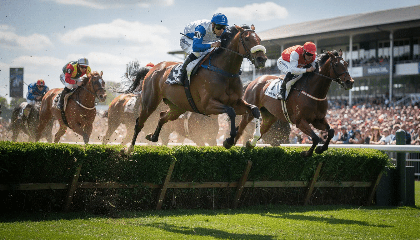 A thrilling scene from a steeplechase race at Aintree Racecourse, showcasing horses gracefully leaping over large green fences. The excitement of the race reflects the competitive spirit of horse racing and the anticipation of grand national betting odds among spectators.