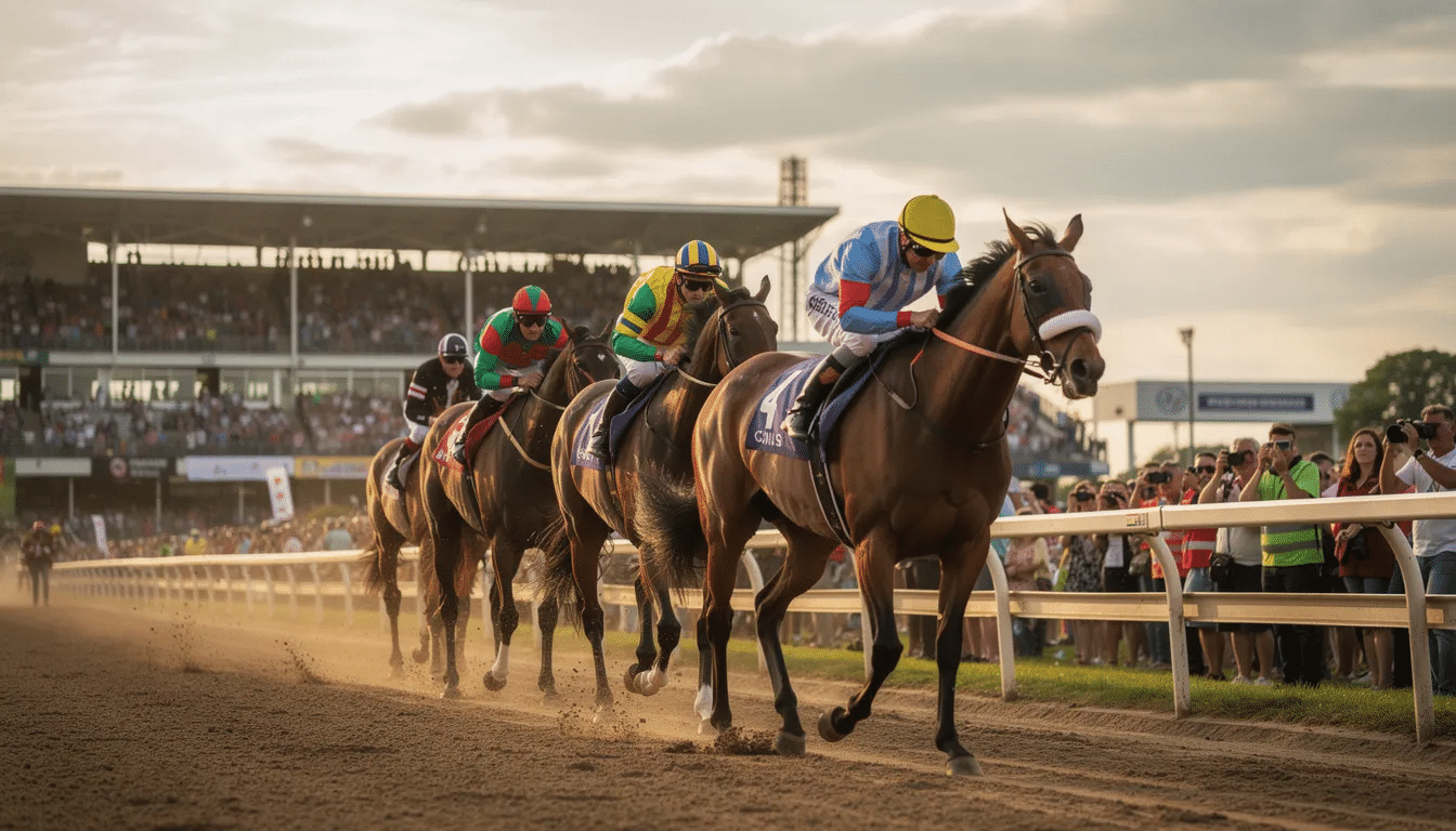 A group of jockeys on horseback is seen preparing for a race at the Aintree Racecourse, with excited crowds in the background eagerly anticipating the event. The atmosphere is charged with energy as these athletes gear up for the year's Grand National, a highlight in the horse racing calendar.