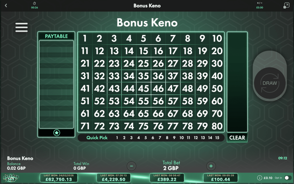 Bonus Keno game board with numbers 1 to 80