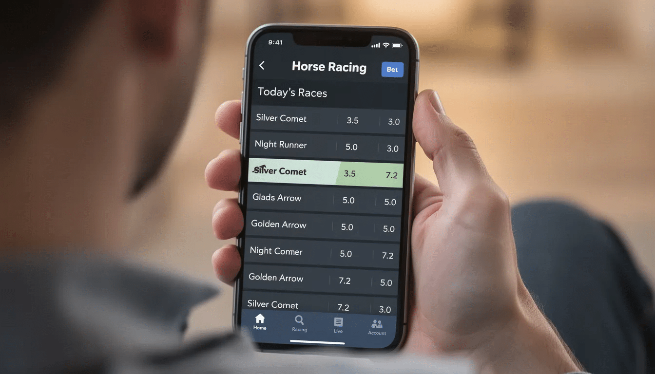 A person is holding a mobile phone that displays a betting app showcasing the latest grand national betting odds for horse racing. The app features various betting markets, allowing users to place bets on the year's grand national and access ongoing updates.