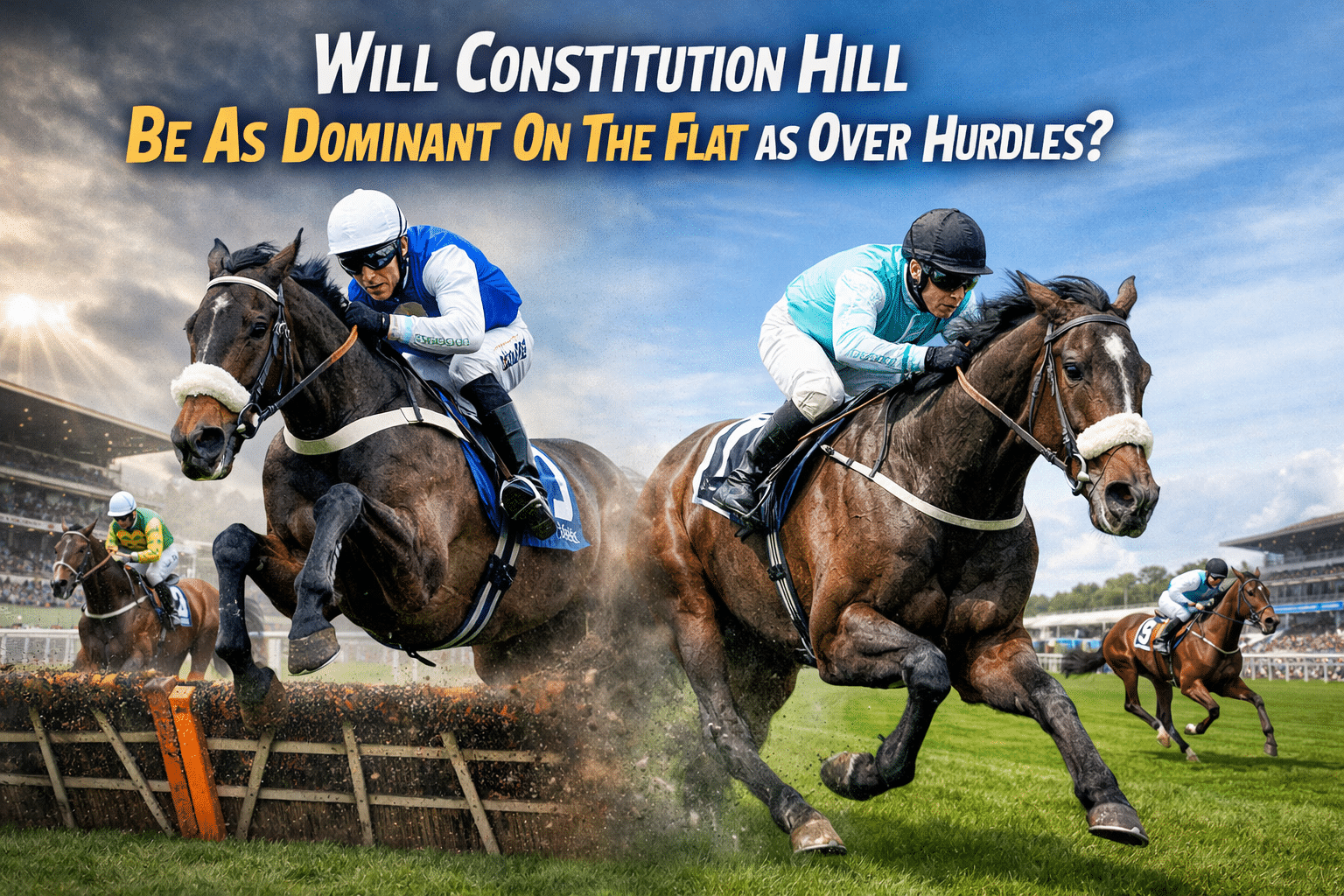 Racehorses competing on track and over hurdles.