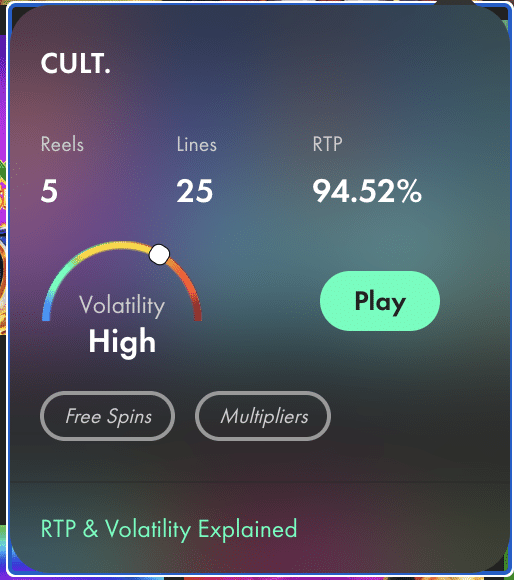 CULT slot game stats with high volatility
