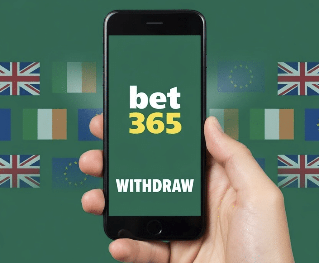 Bet365 withdraw screen on smartphone with flags background