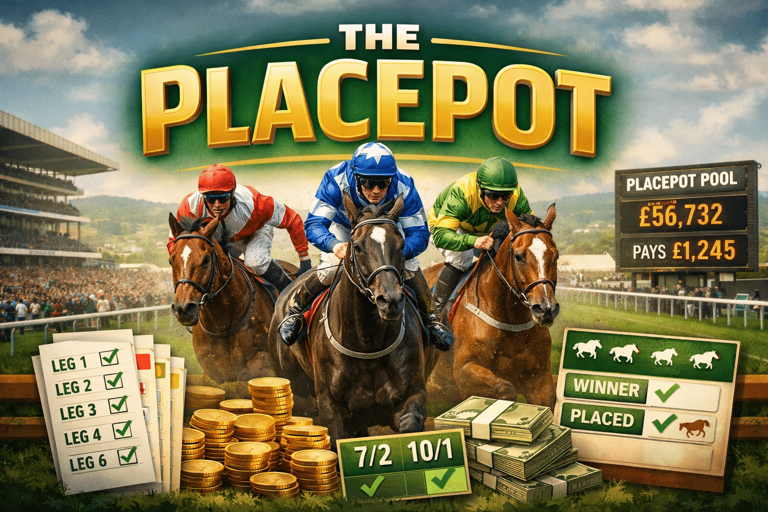 Horse racing scene promoting Placepot betting pool